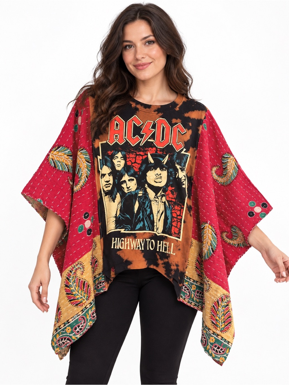 AC/DC Highway to Hell Upcycled Patchwork Poncho Top Boho Rock